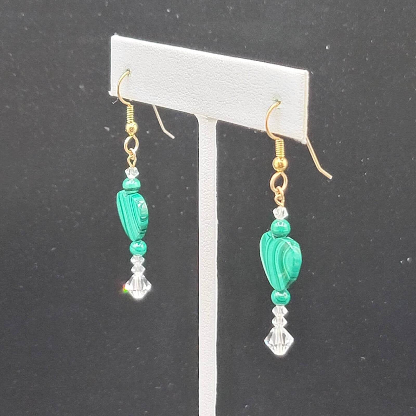Pierced Earrings Gold tone Malachite Heart Bead Clear Crystals 1 3/8"