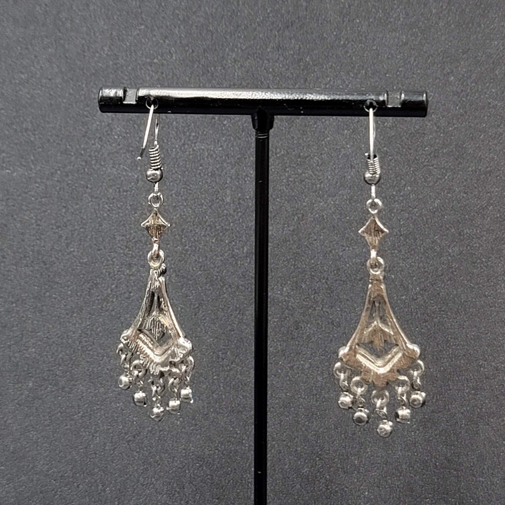 Pierced Earrings Black Metal Bright Blue Rhinestone Dangle Chandelier 1.75"