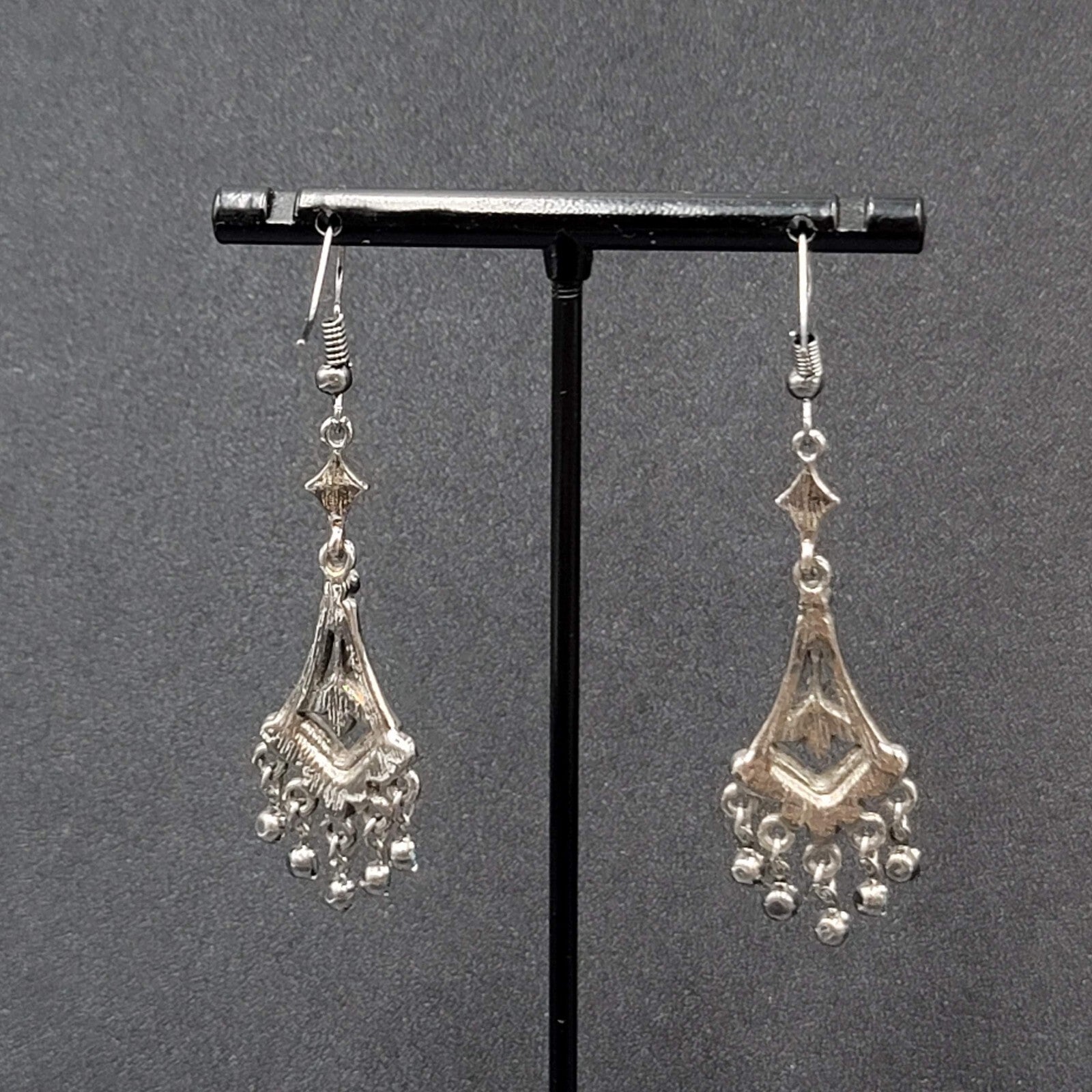 Pierced Earrings Black Metal Bright Blue Rhinestone Dangle Chandelier 1.75"