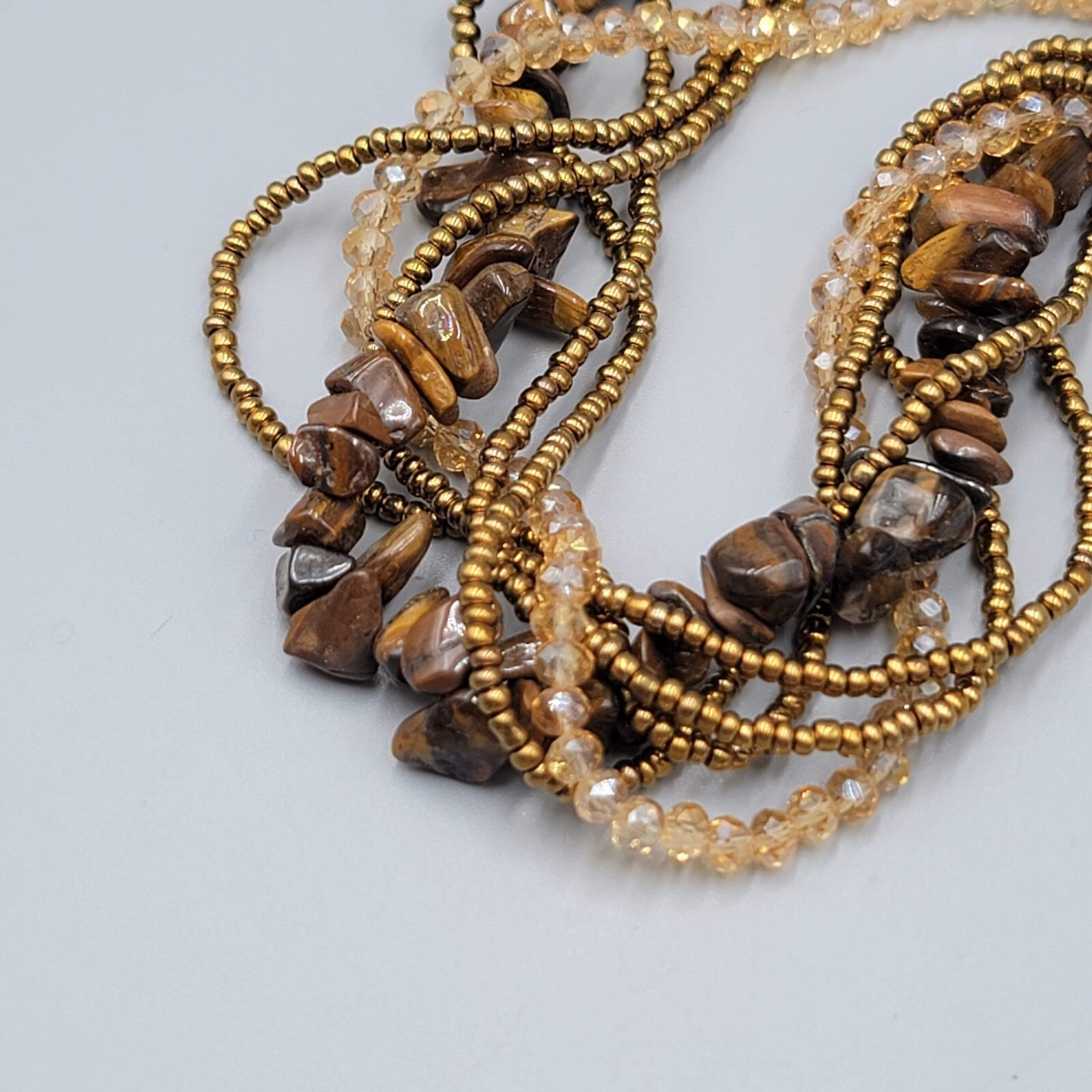 Multi Strand Bead Twist Necklace Tigers Eye Crystal 6 Strands 18"-20"
