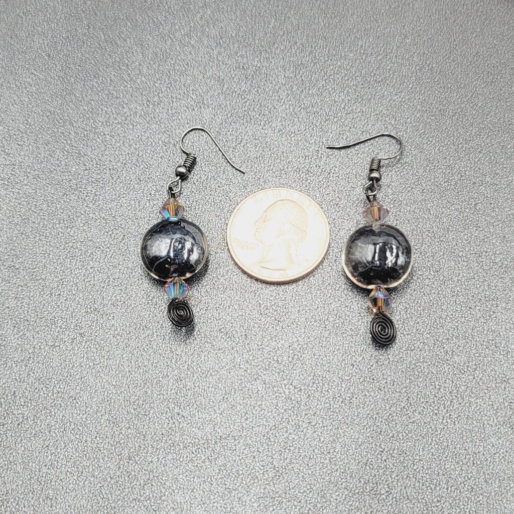 Pierced Earrings Black Art Glass Bead Crystal Black Wire Dangle 1.5"