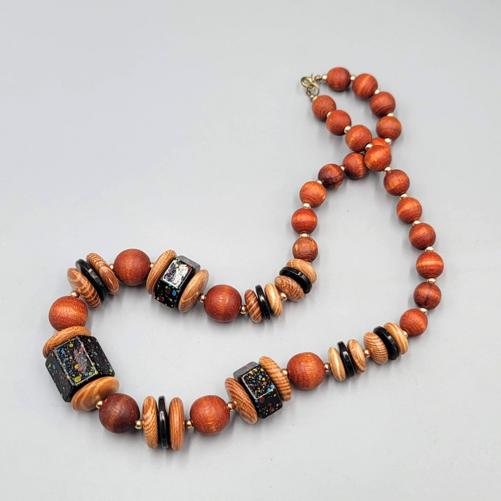 Vintage Wood Graduated Bead Statement Black Speckle Accent Bead 23"