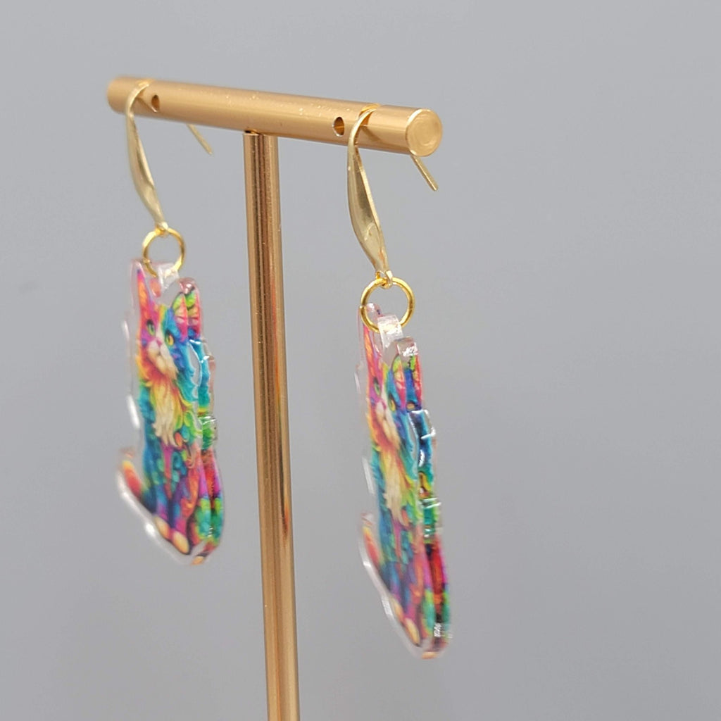 Rainbow Cat Pierced Earrings Multicolor  Acrylic Dangle Gold tone Hook 1.5"