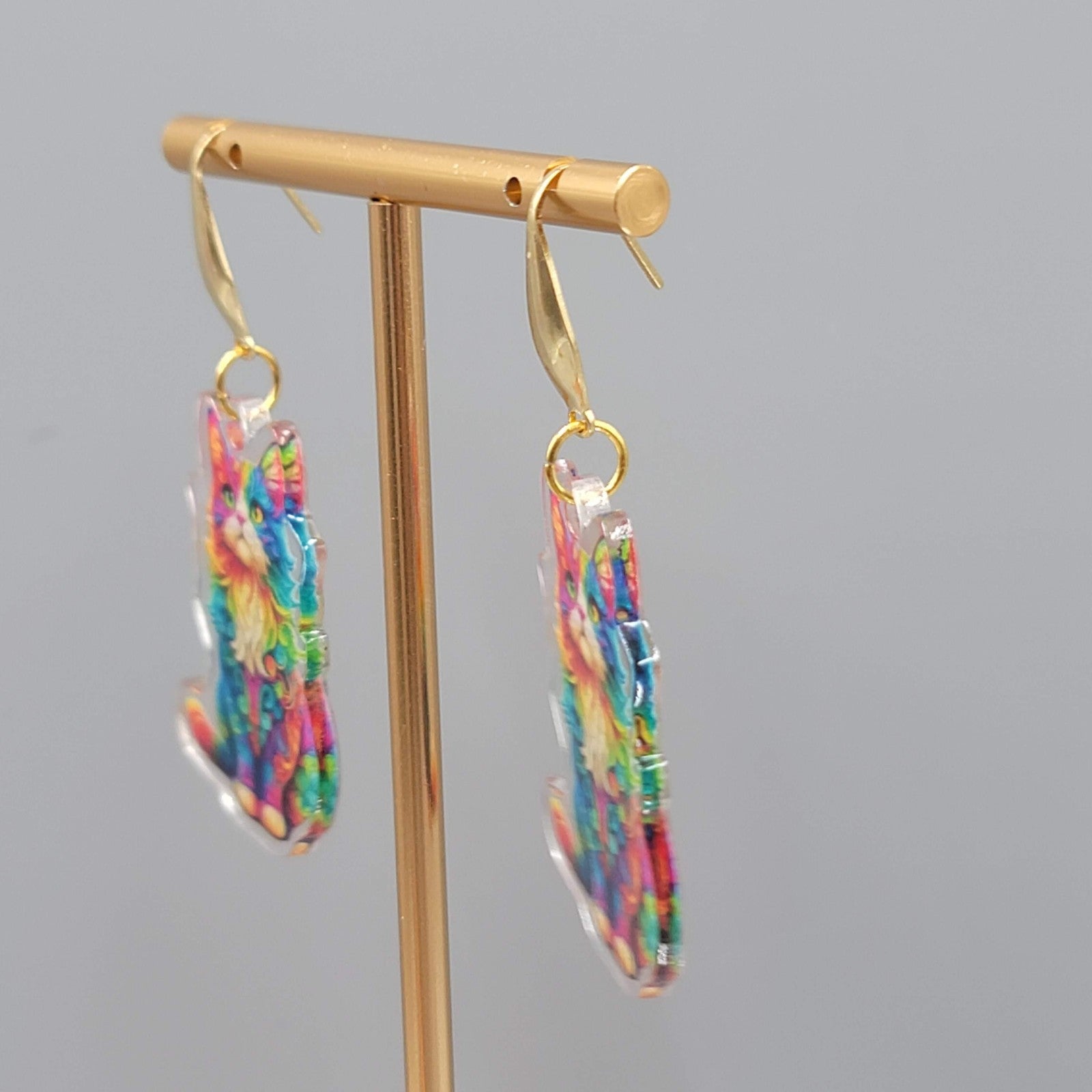 Rainbow Cat Pierced Earrings Multicolor  Acrylic Dangle Gold tone Hook 1.5"