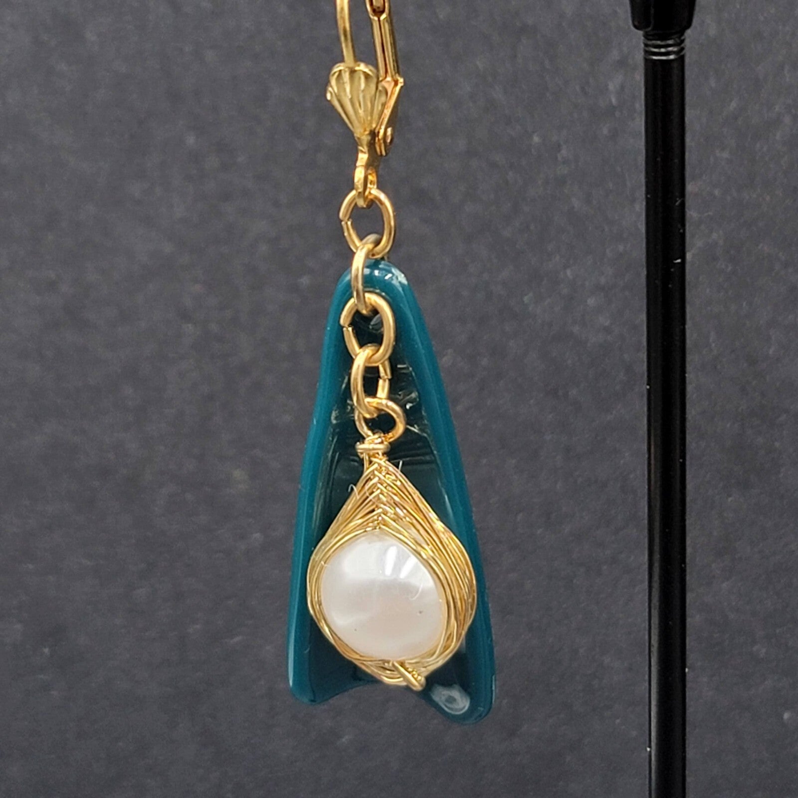 Pierced Earrings Gold Wire Faux Pearl Bead Teal Blue Dangle 1.75"