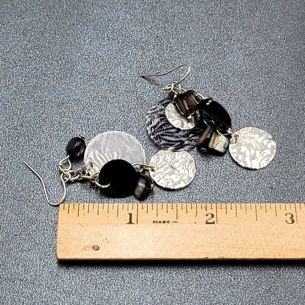Pierced Earrings Silver tone Dangle Black Shell Beads 2"