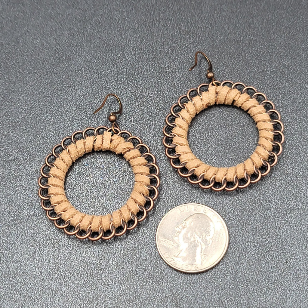 New Boho Pierced Earrings Copper tone Faux Leather Laced Hoops 1.75"