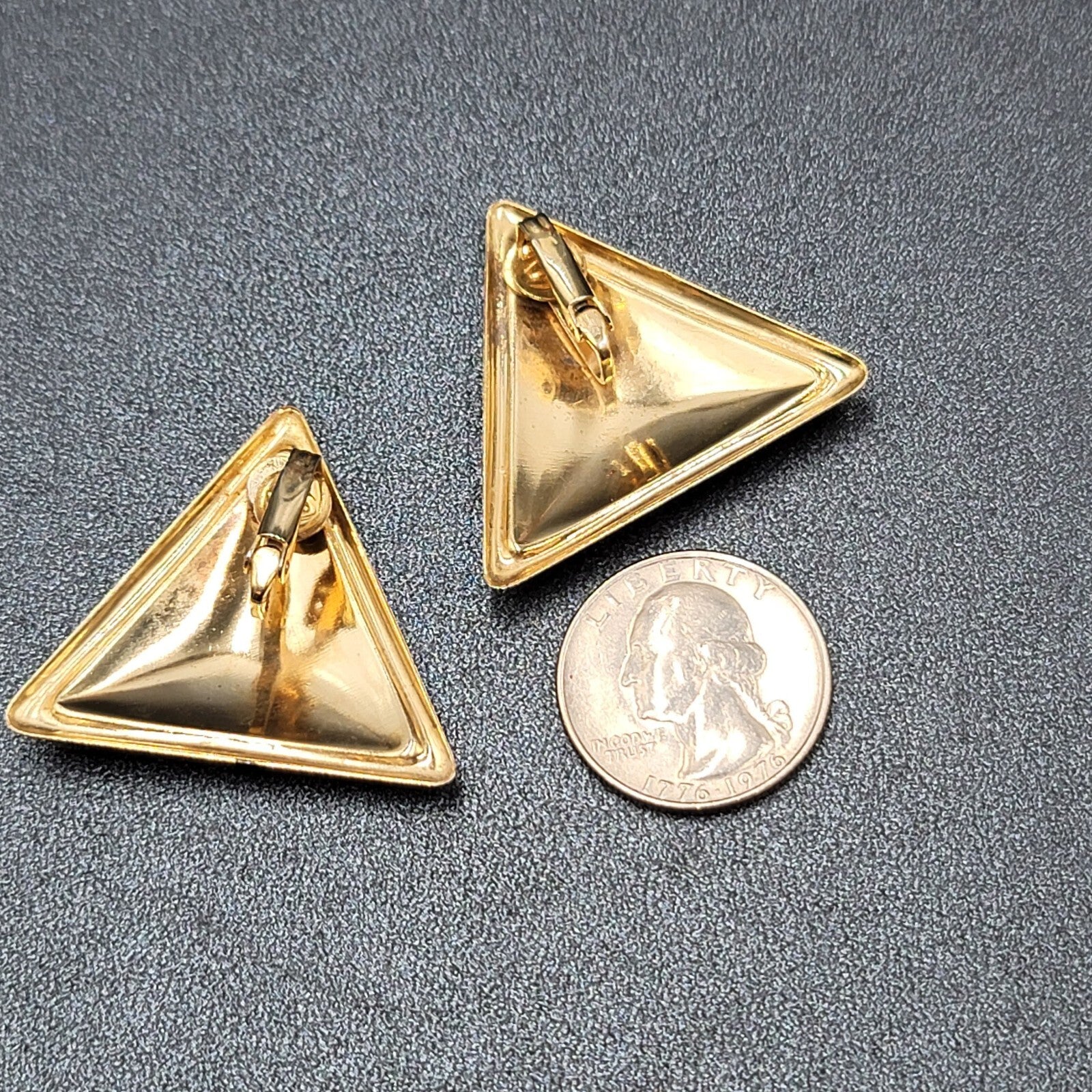 Vintage Clip on Earrings Black Gold Enamel Triangle Large Statement 1 3/8"