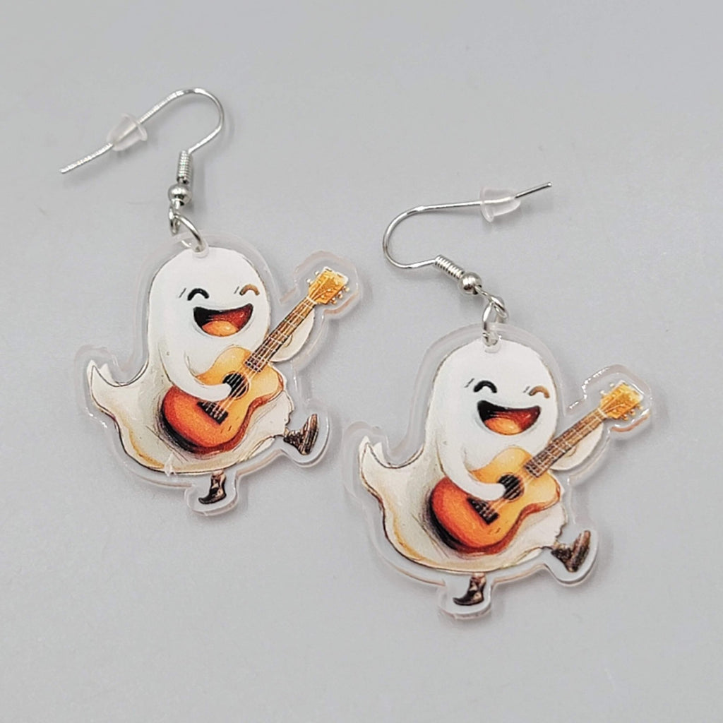 Halloween Ghost Acoustic Guitar Pierced Earrings Silver tone Dangle 1.5 in