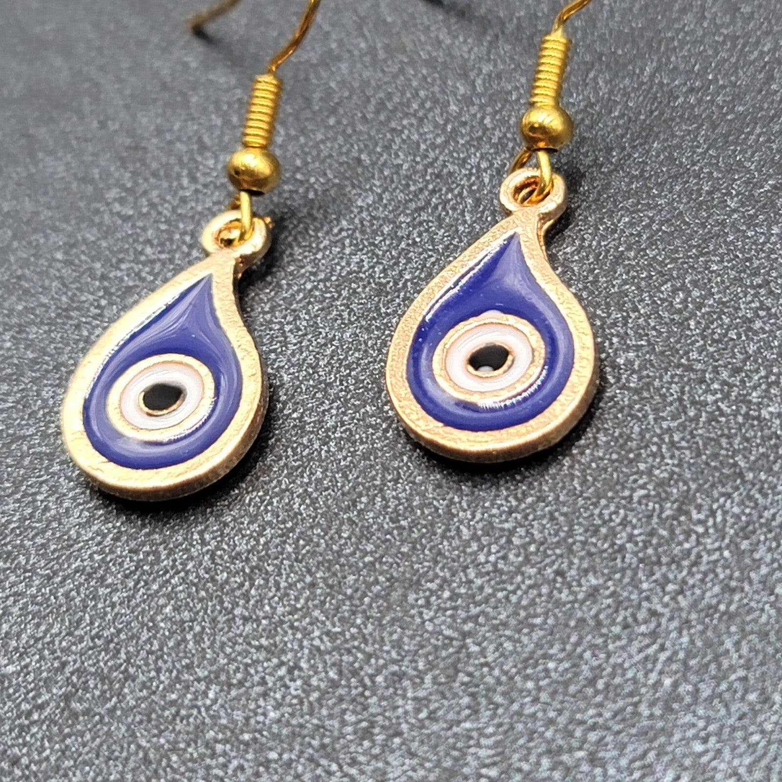 New Evil Eye Pierced Earrings Gold tone Blue Enamel Teardrop Dangle 3/4"