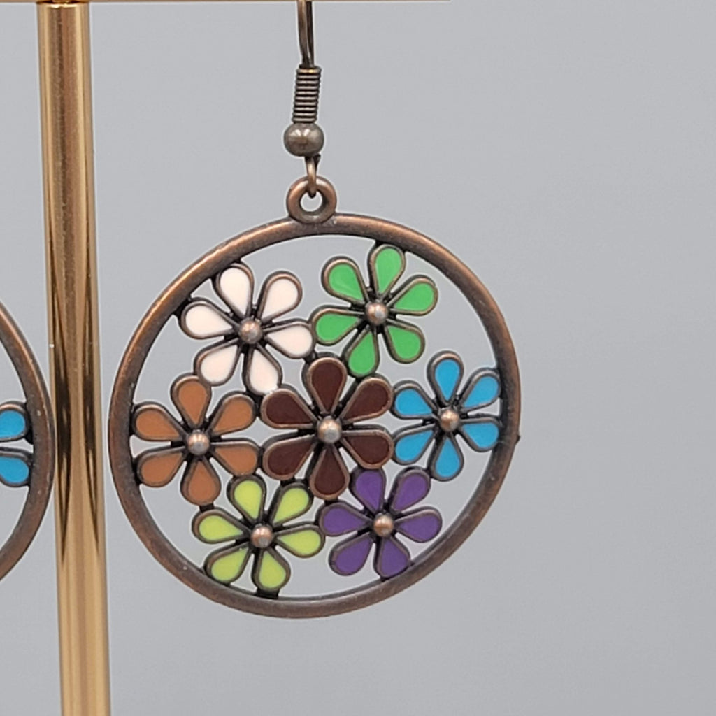 Multicolor Enamel Flower Pierced Earrings Round Bronze tone Dangle 1 3/8"