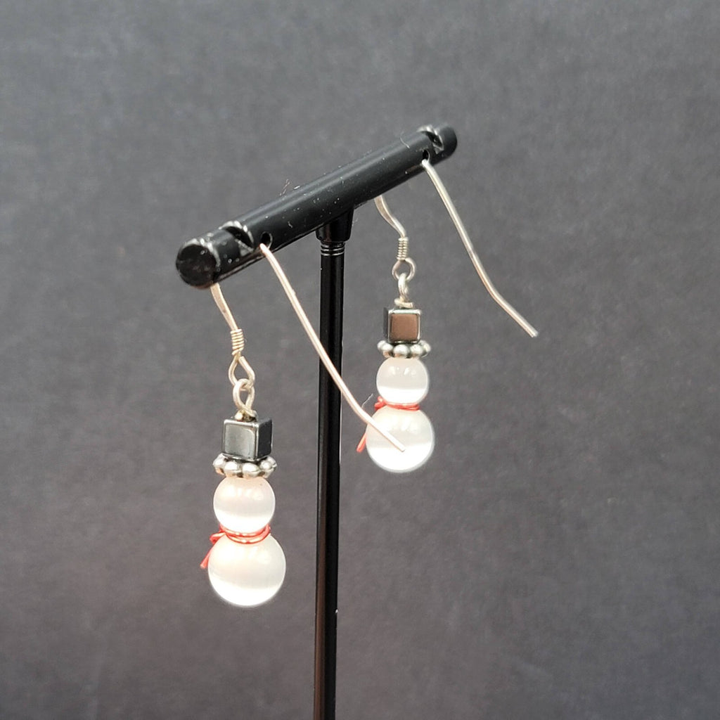Snowman Pierced Earrings White Cats Eye Beads Hematite Hat Dangle 7/8"