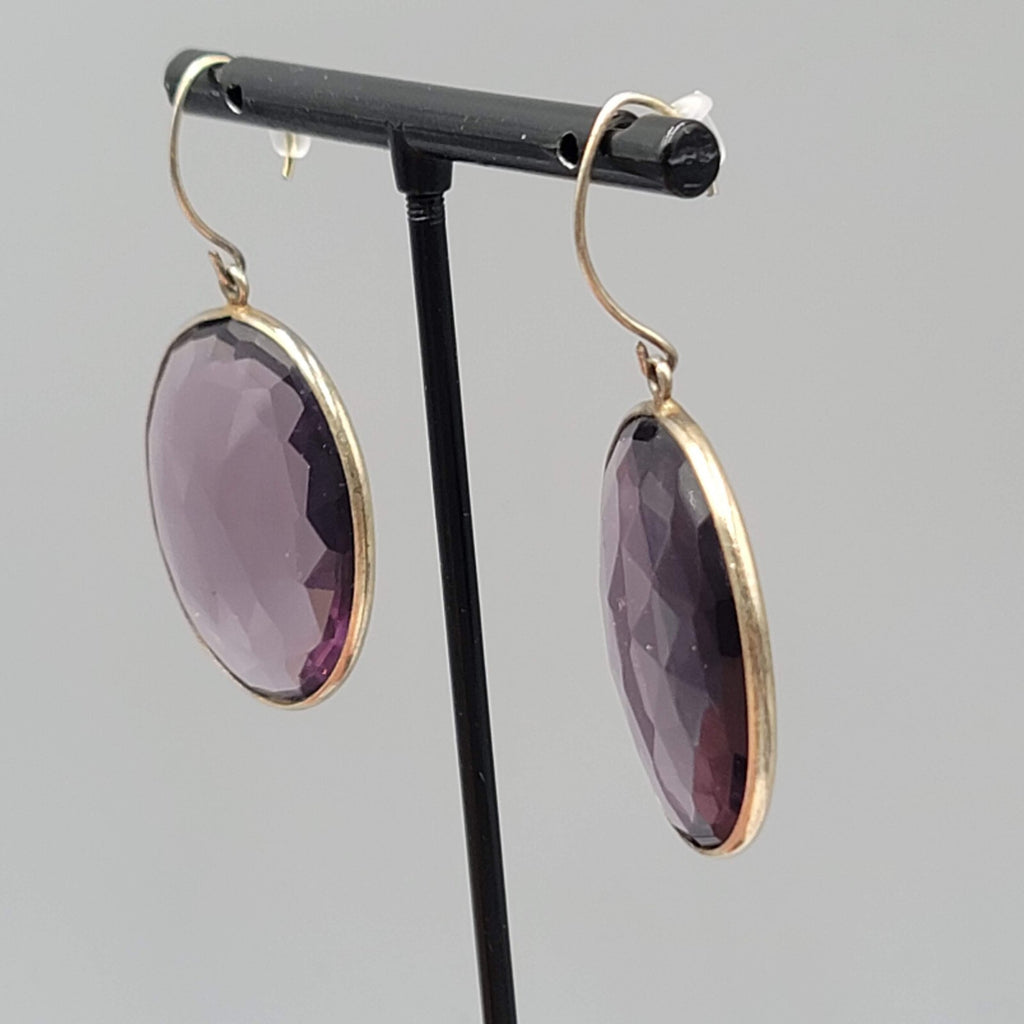 Pierced Earrings Gold tone Large Purple Faceted Glass Oval Dangle 1 3/8"