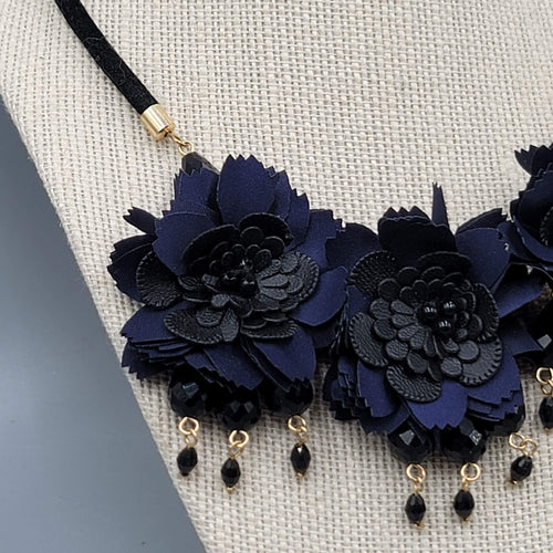 Dark Blue Fabric Flower Statement Necklace Black Cord Gold tone 18"