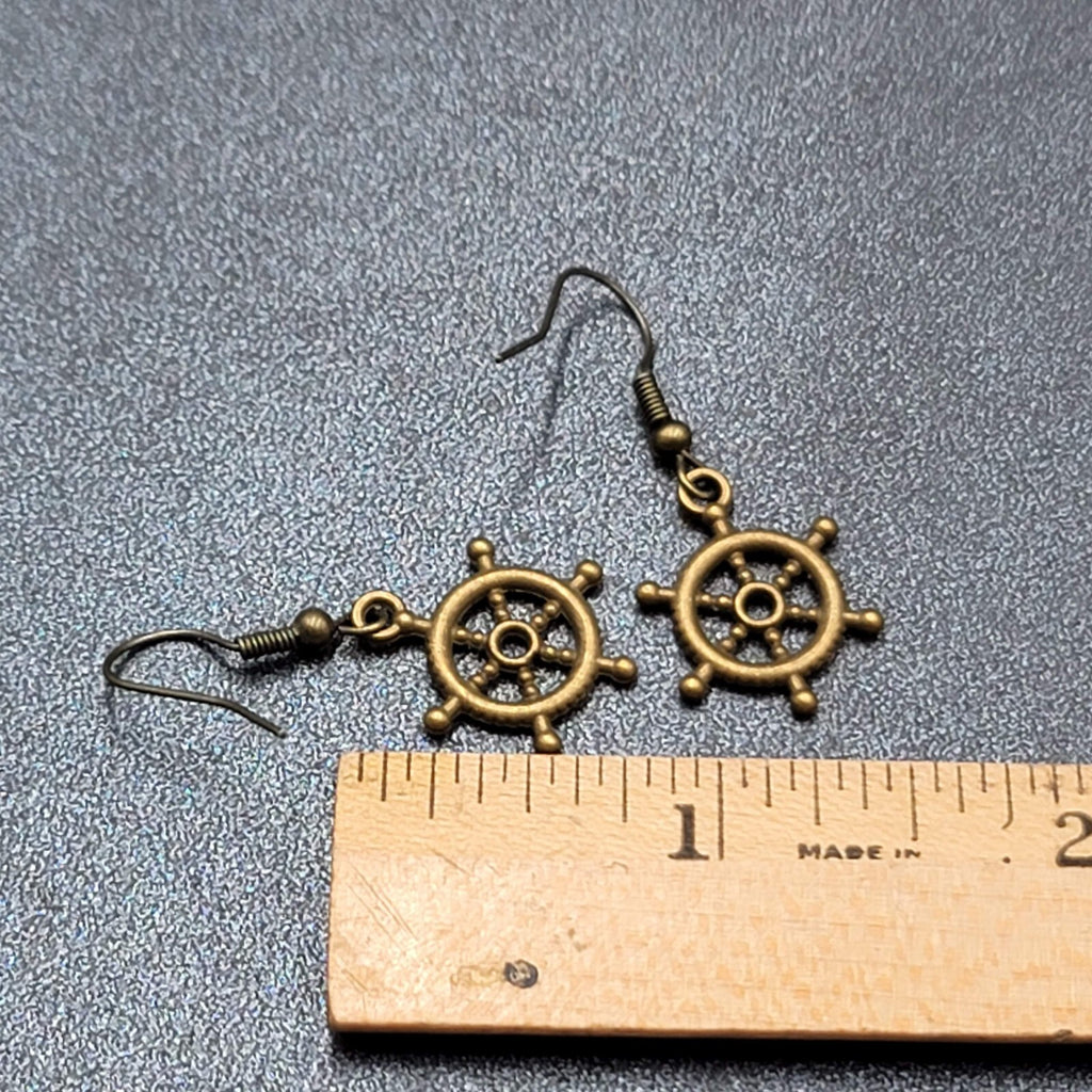 New Nautical Ships Wheel Pierced Earrings Bronze tone Embossed Dangle 3/4"