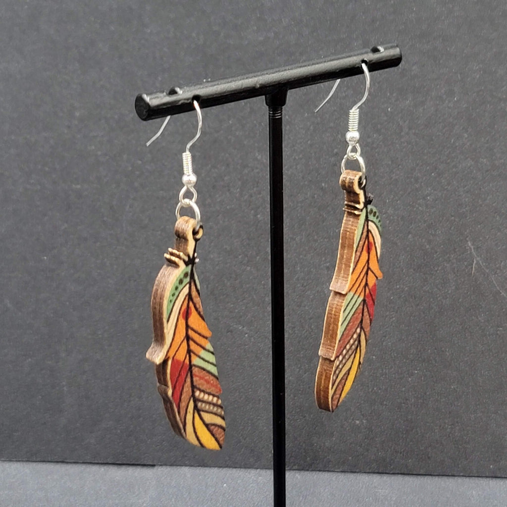 New Boho Pierced Earrings Wood Cut Feather Multicolor Dangle 2"