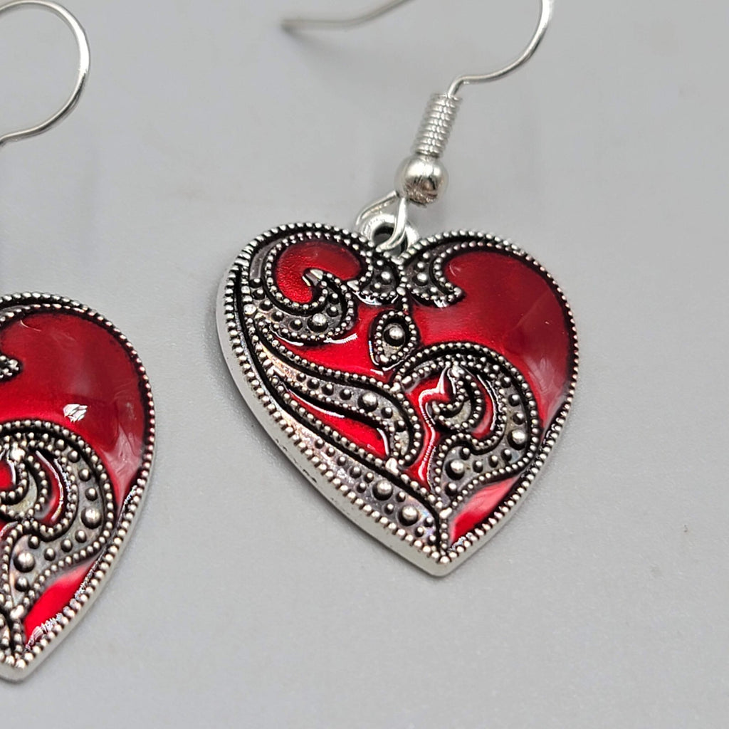 Satin Enamel Heart Pierced Earrings Black Swirl Accent Silver tone Dangle 1"