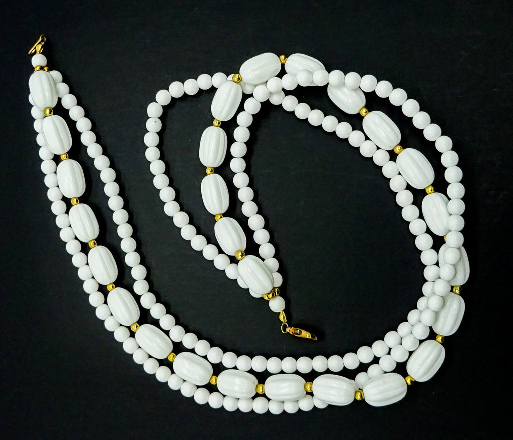 Vintage Necklace White & Gold Bead Triple Strand Estate Costume Jewelry 18"