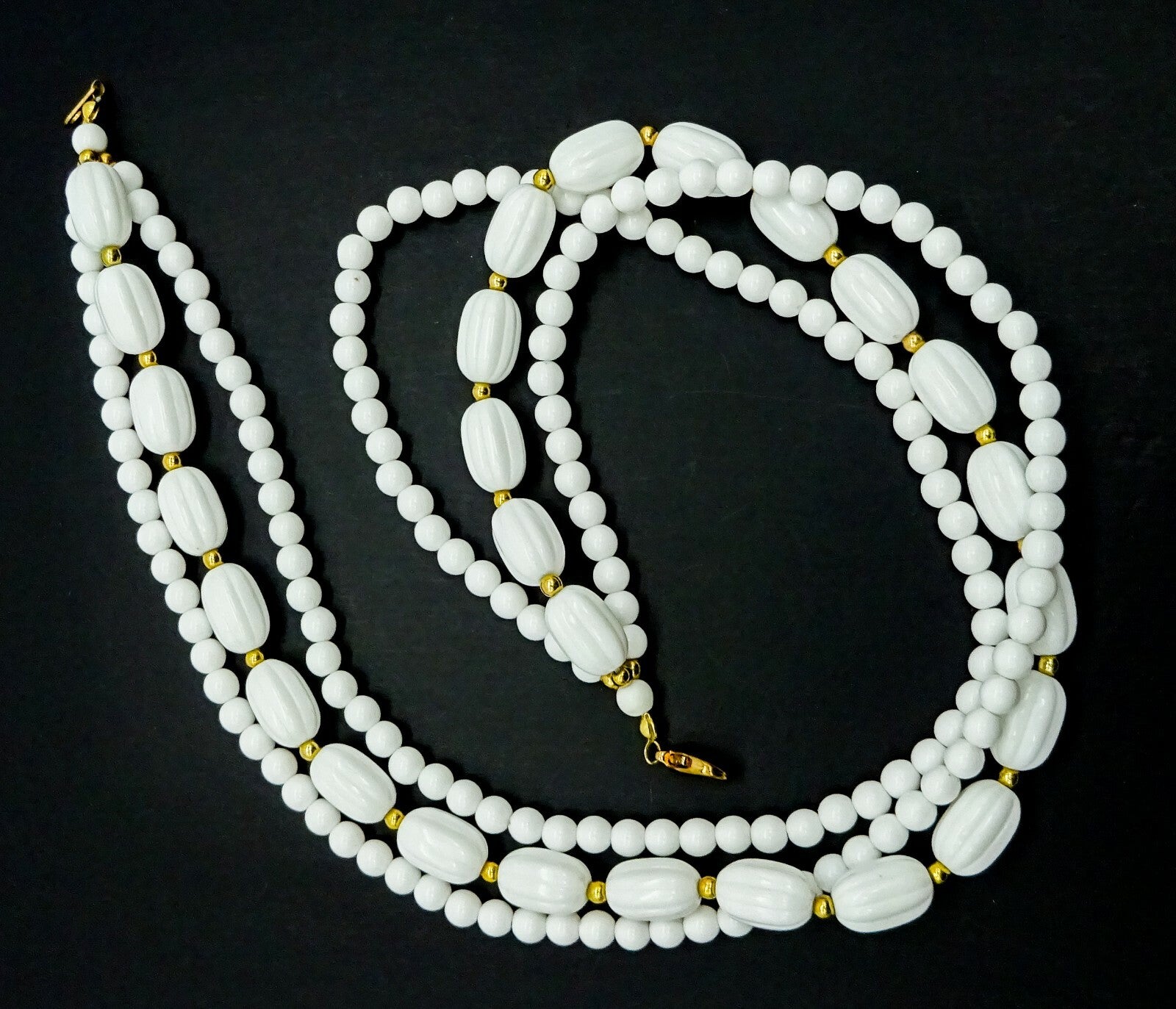 Vintage Necklace White & Gold Bead Triple Strand Estate Costume Jewelry 18"