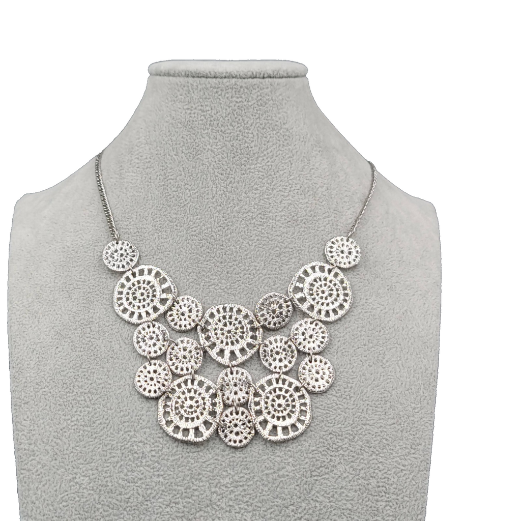 Textured Medallion Bib Necklace Silver tone 14"-16"