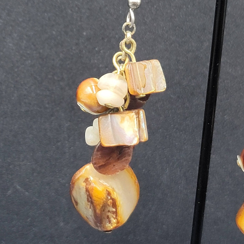 Pierced Earrings Brown Earth Tones Cluster Bead Shells 2.25"