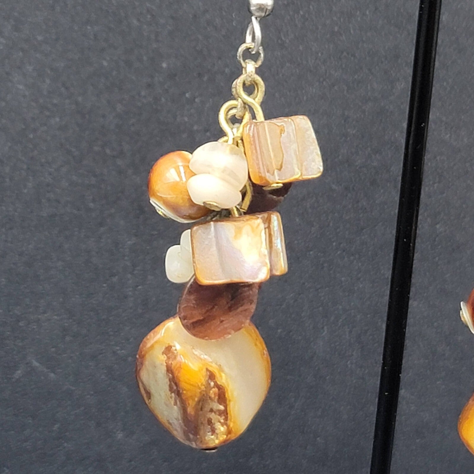 Pierced Earrings Brown Earth Tones Cluster Bead Shells 2.25"