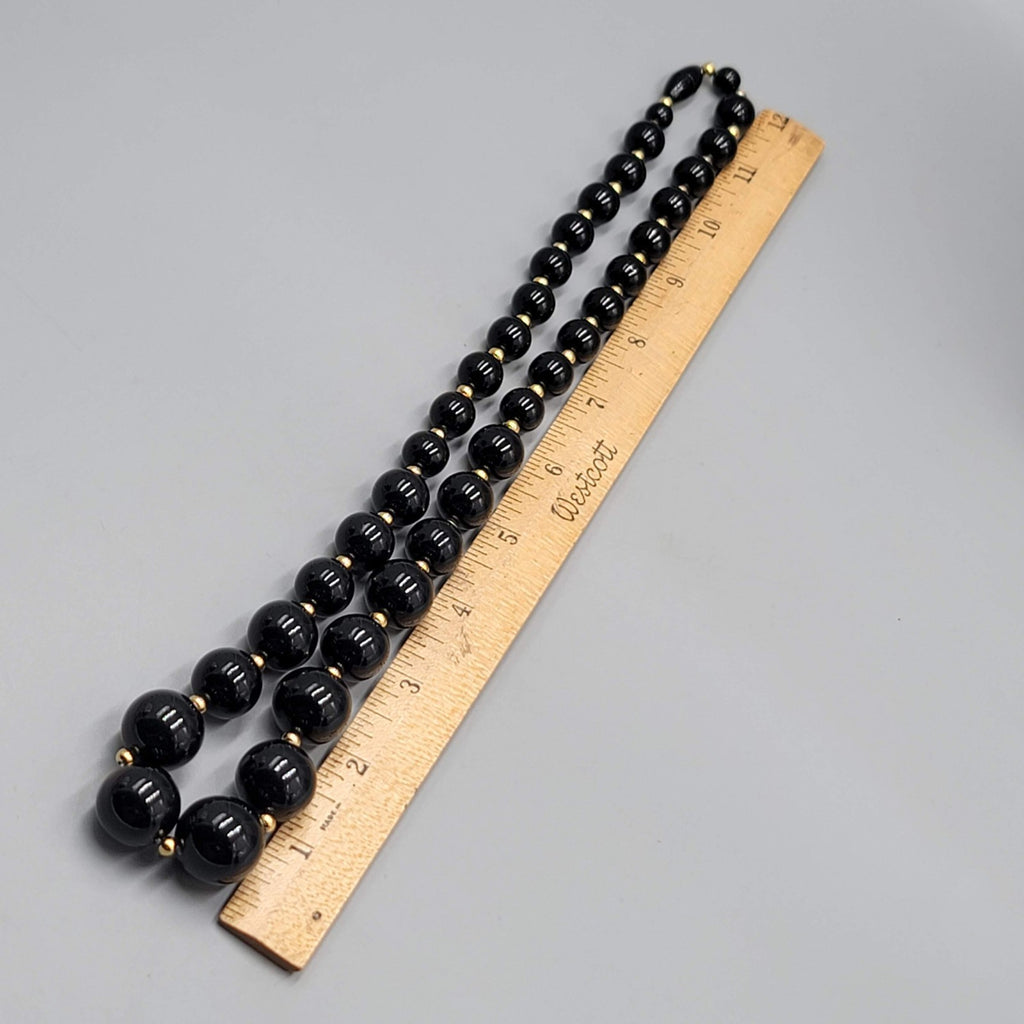 Vintage Hidden Clasp Necklace Graduated Black Bead Gold tone Spacers 24"