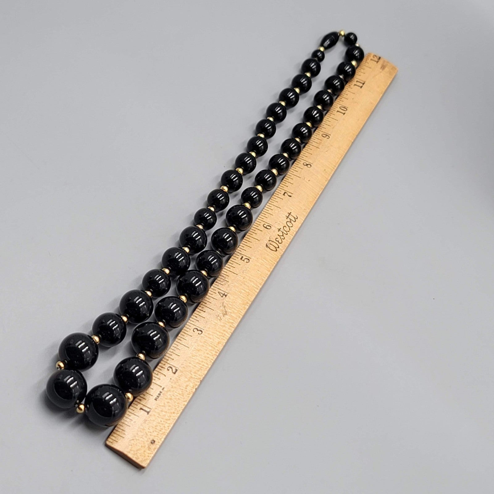 Vintage Hidden Clasp Necklace Graduated Black Bead Gold tone Spacers 24"