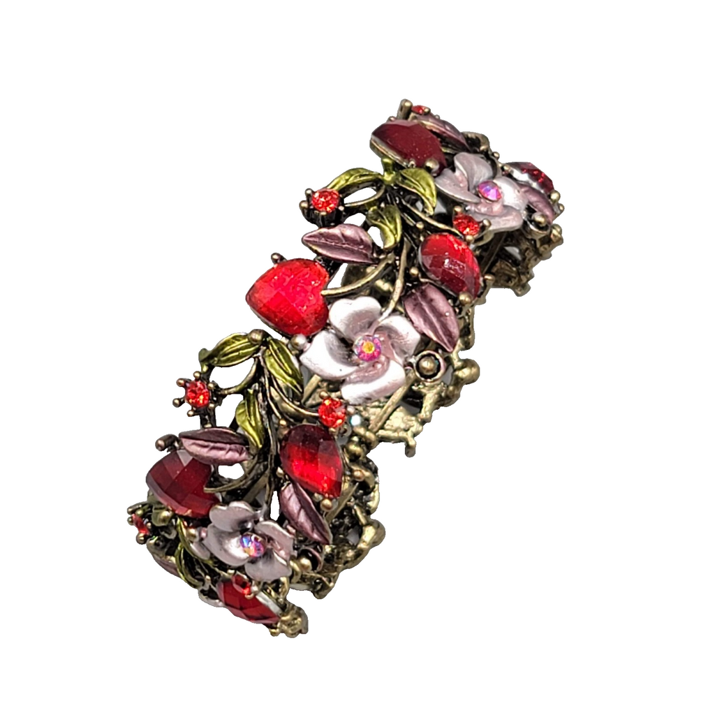 Pink Enamel Rhinestones Flowers Bracelet Bronze tone 7 in