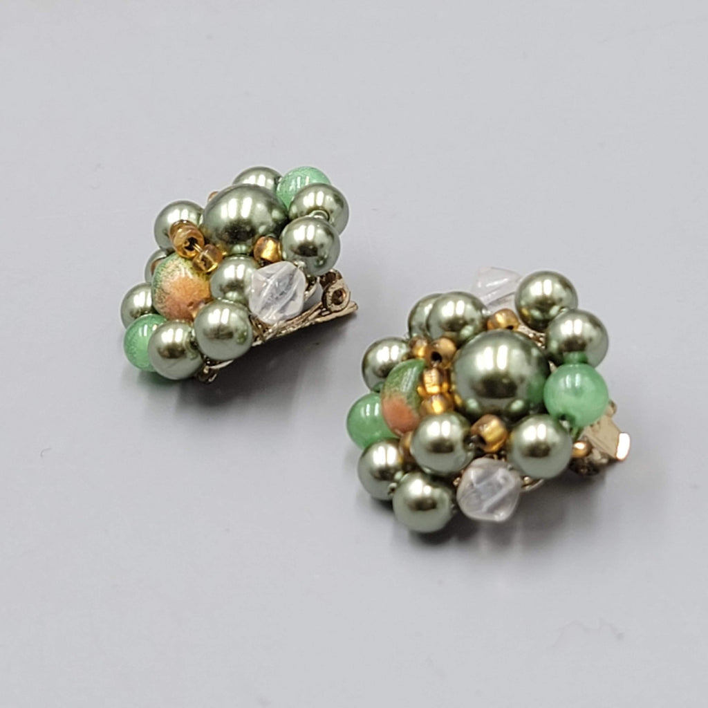 Vintage Green Cluster Bead Clip on Earrings 1"