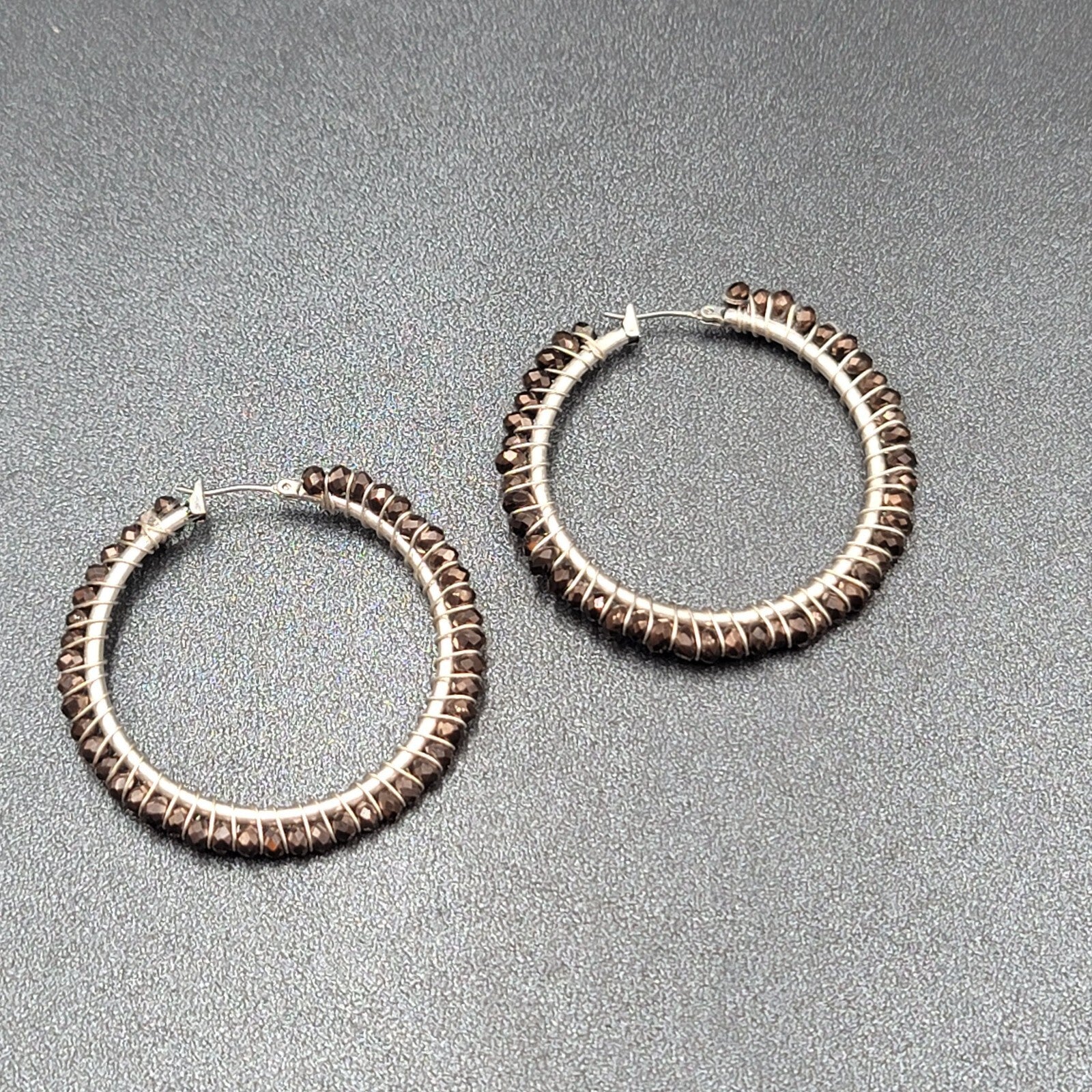 Pierced Earrings Silver tone Brown Glass Beaded Hoops 1.75"