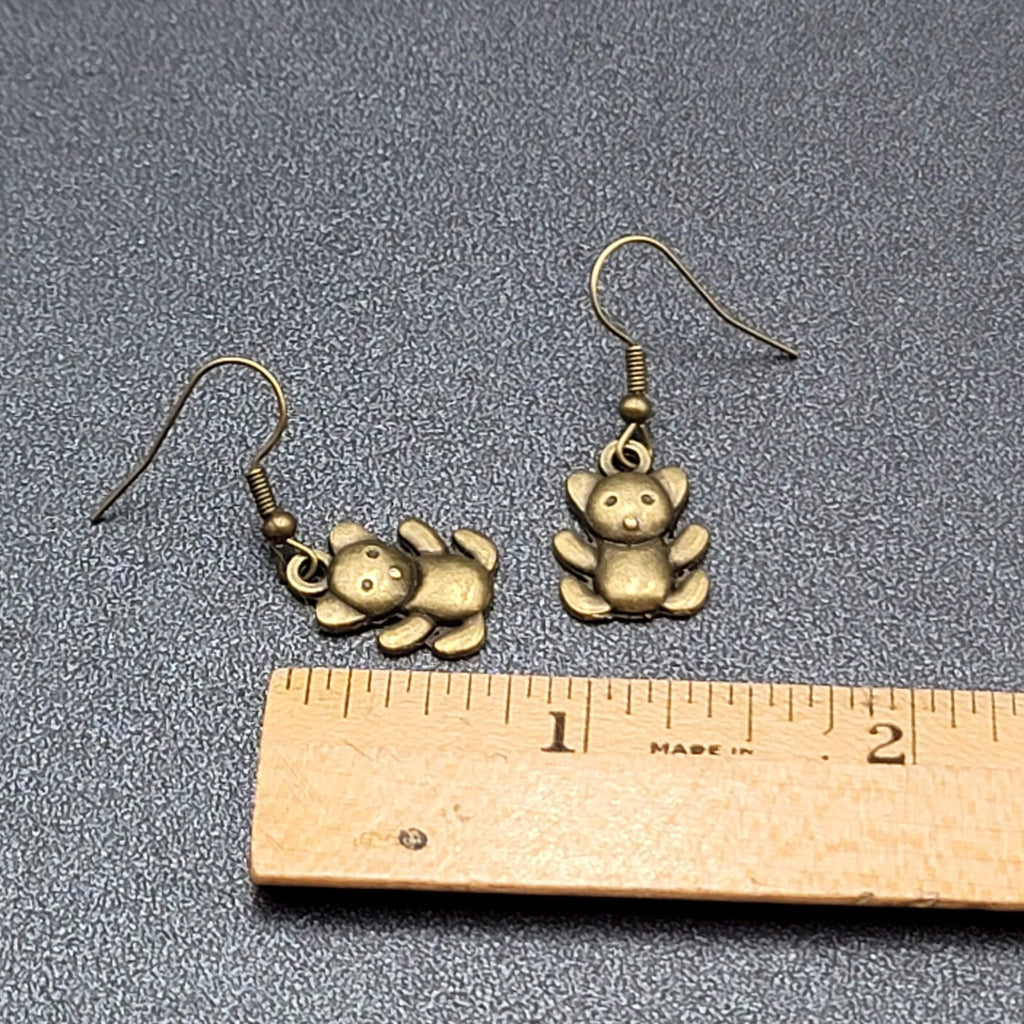 Teddy Bear Pierced Earrings Bronze tone Embossed Dangle New 3/4"