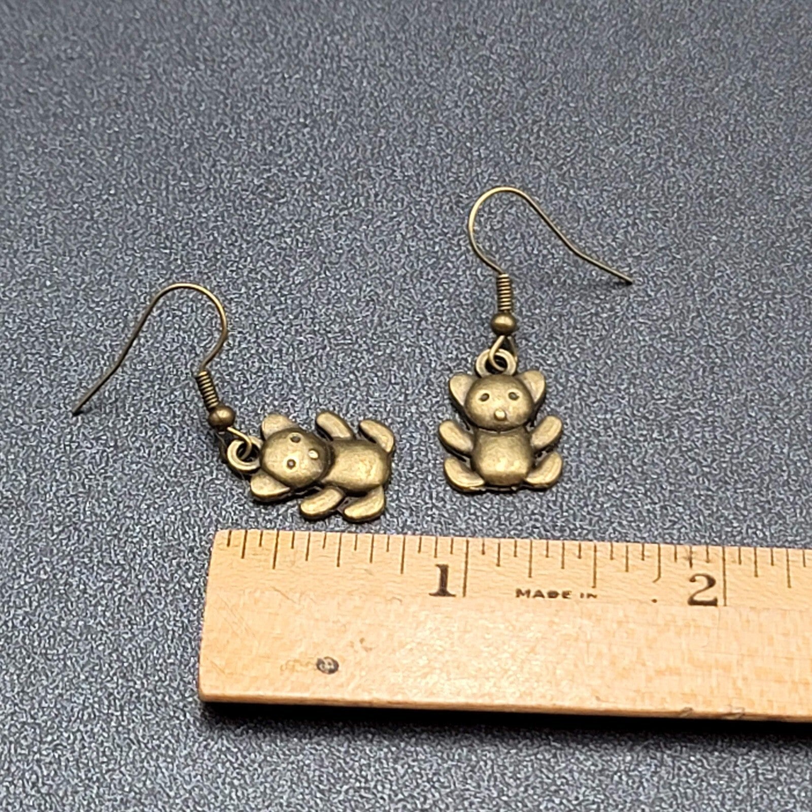 Teddy Bear Pierced Earrings Bronze tone Embossed Dangle New 3/4"