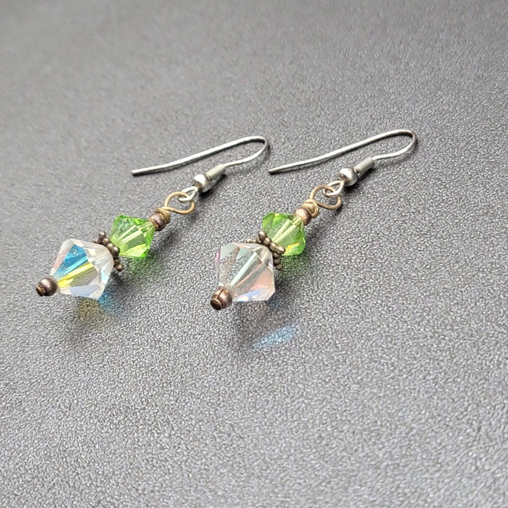 Pierced Earrings Silver toneGreen AB Bicone Christal Beads Dangle  1 1/8"