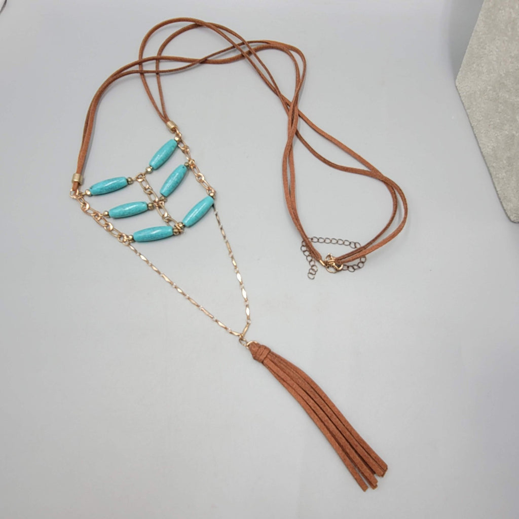 LONG Leather Southwest Style Necklace Blue Bead 40"