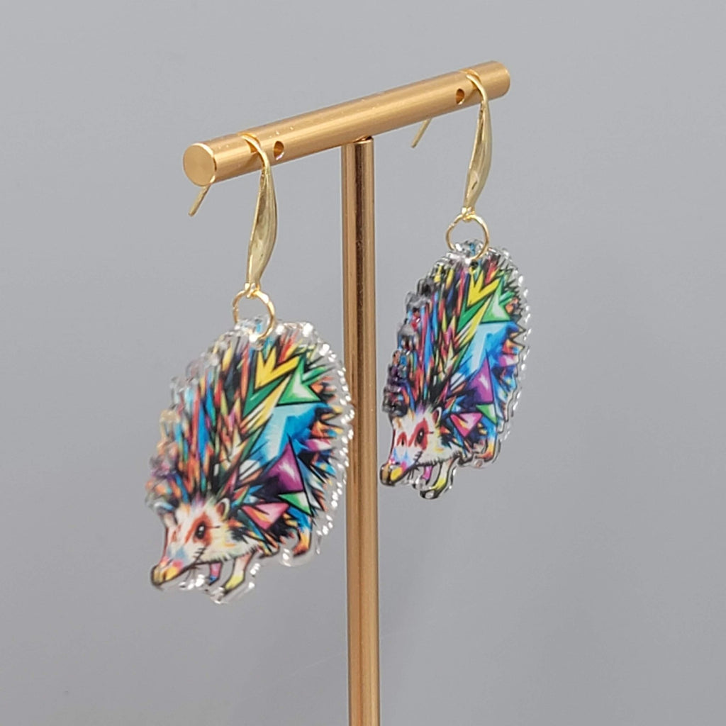 Multicolor Mosiac Hedgehog Pierced Earrings Acrylic Dangle Gold tone Hook 1.25"