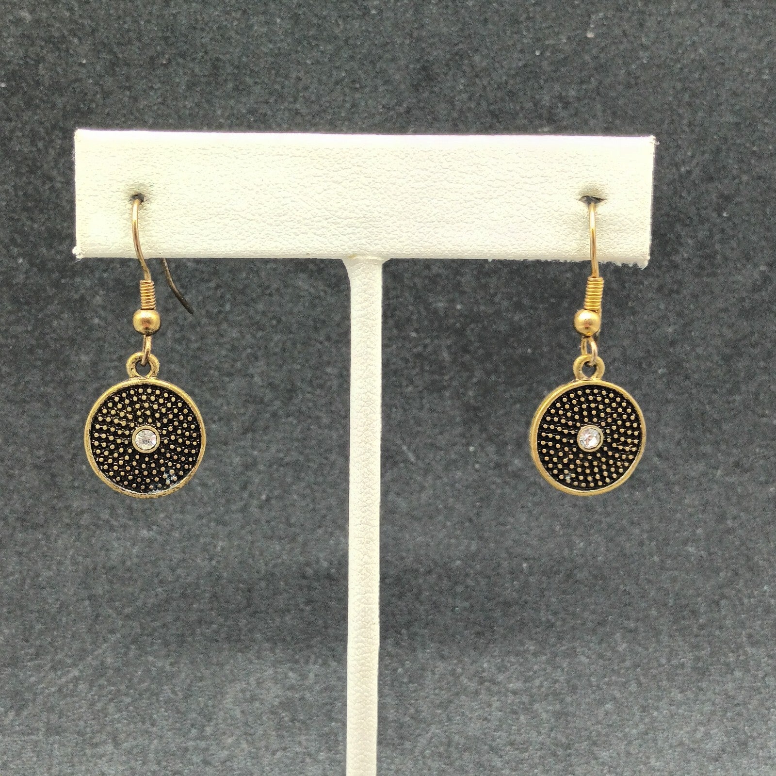 Pierced Earrings Textured Bronze tone Crystal Rhinestone Round Dangle Small 1/2"
