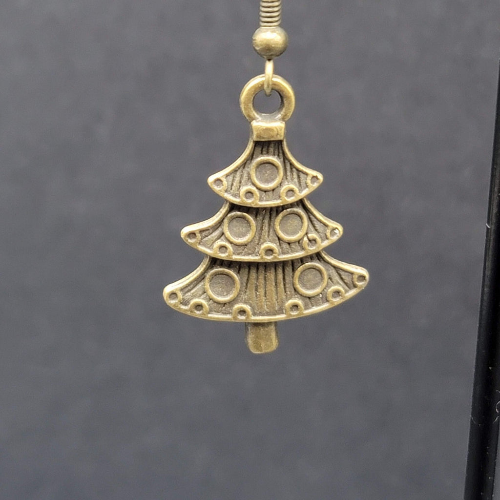 New Christmas Tree Pierced Earrings Embossed Bronze tone Dangle 1"