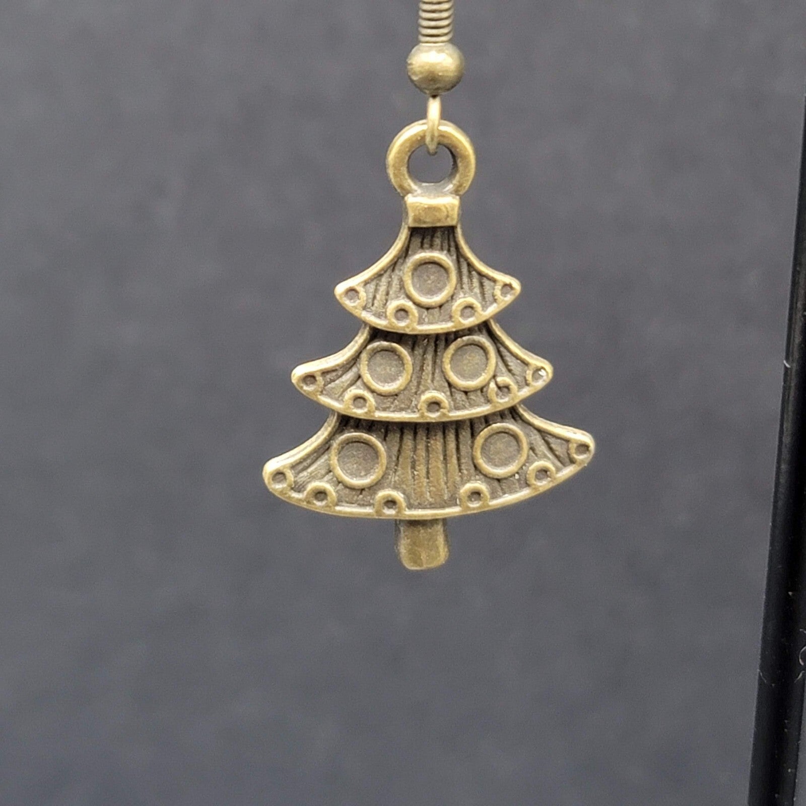 New Christmas Tree Pierced Earrings Embossed Bronze tone Dangle 1"