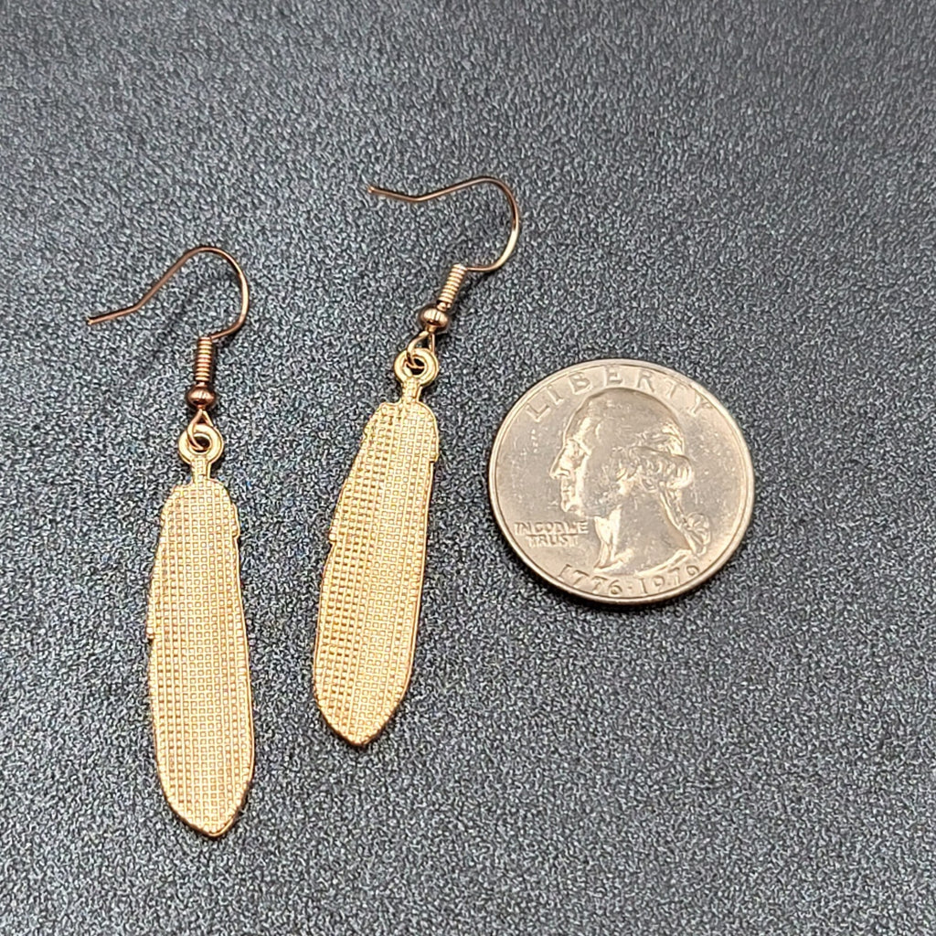 Metal Feather Pierced Earrings Cosmic Blue Galaxy Gold tone Dangle 1.5"