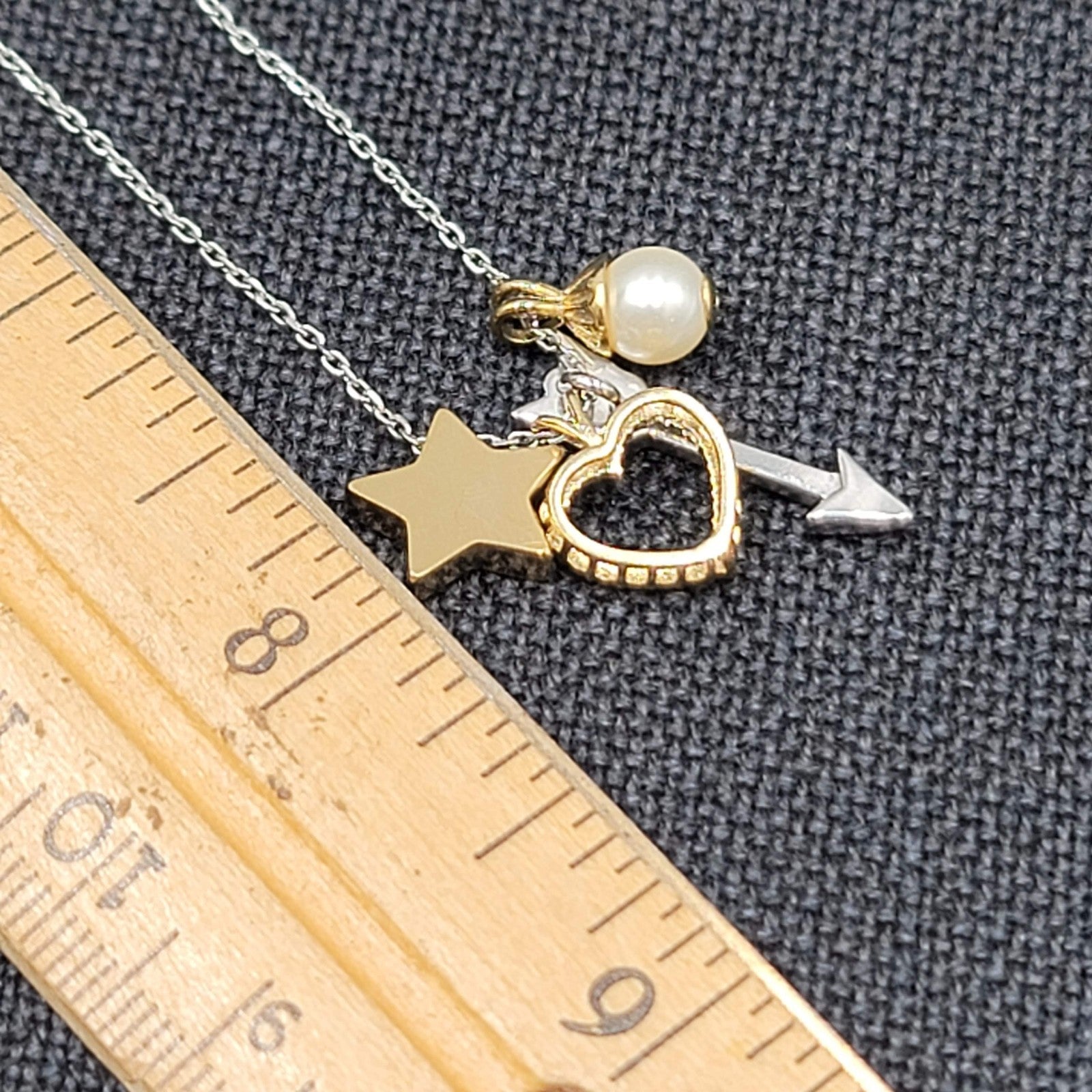 Fossil Charm Pendant Necklace Silver tone Heart Arrow Star Crystals 16"-18"