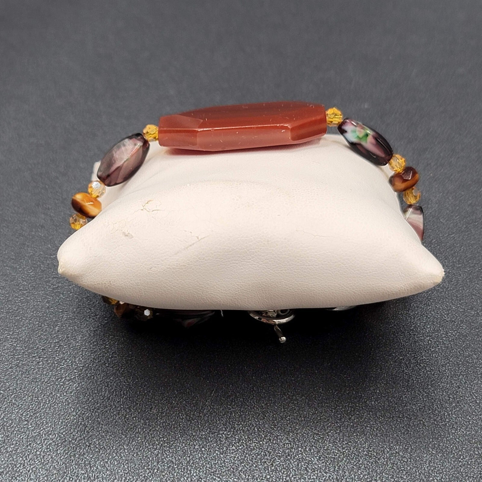Art glass Bead Bracelet Silver tone Purple Brown Toggle 7"