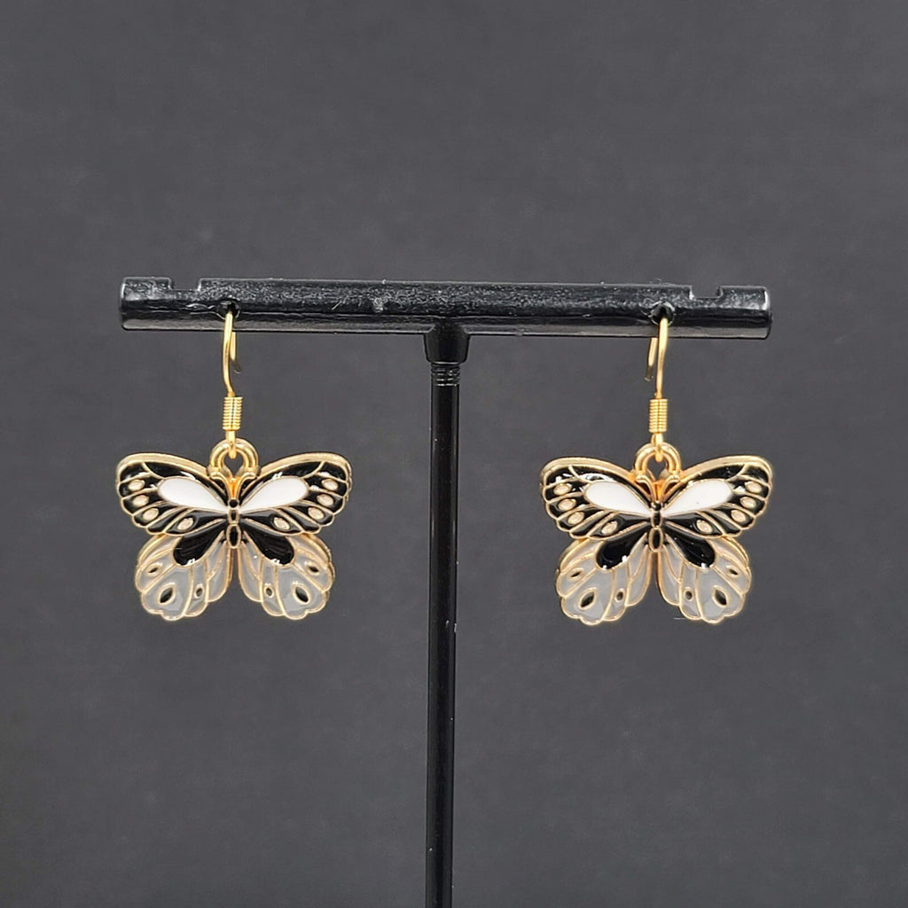 Black Gray Moth Enamel Pierced Earrings Gold tone Dangle Butterfly 3/4"
