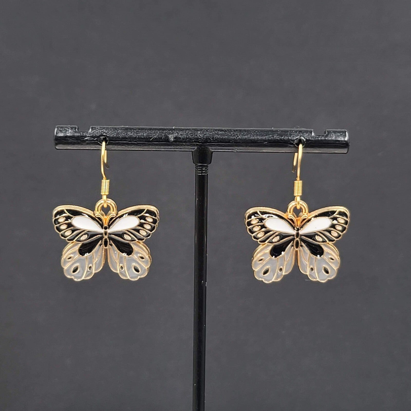 Black Gray Moth Enamel Pierced Earrings Gold tone Dangle Butterfly 3/4"