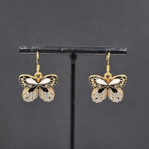 Black Gray Moth Enamel Pierced Earrings Gold tone Dangle Butterfly 3/4"