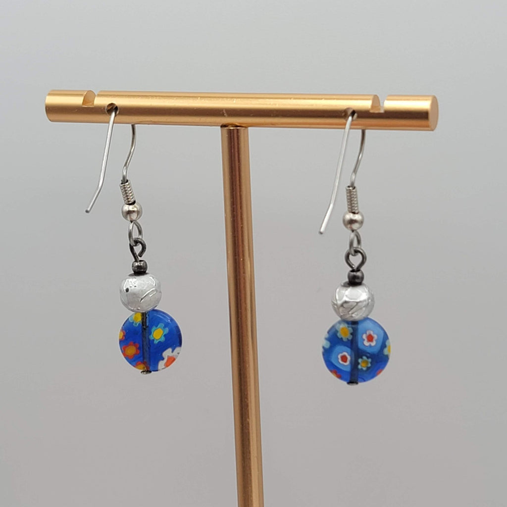Blue Millifiori Bead Pierced Earrings Silver tone Dangle 3/4 in