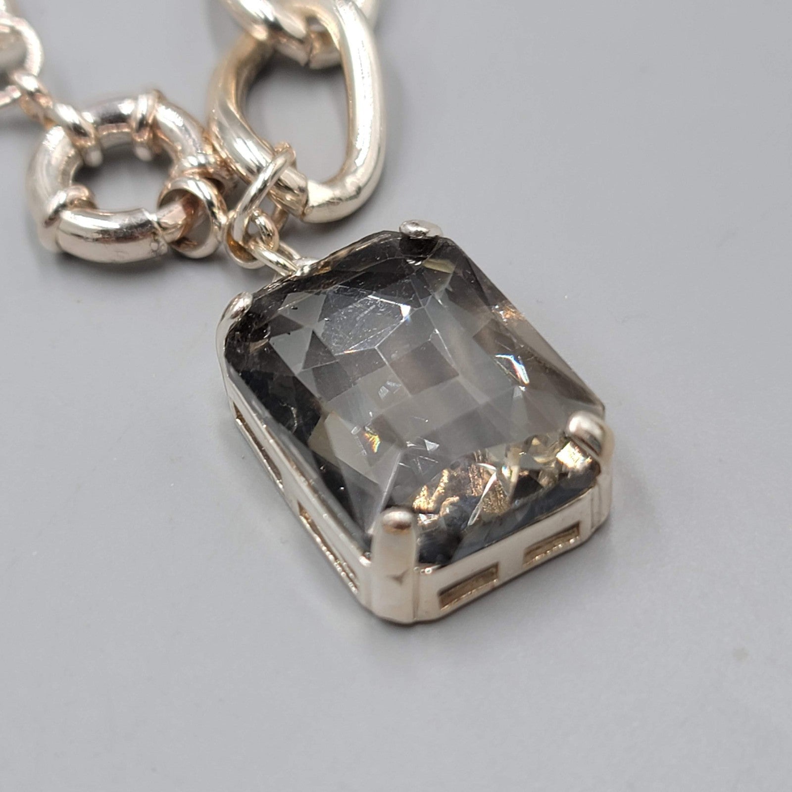 Smokey Gray Glass Dangle Bracelet Silver tone 7"