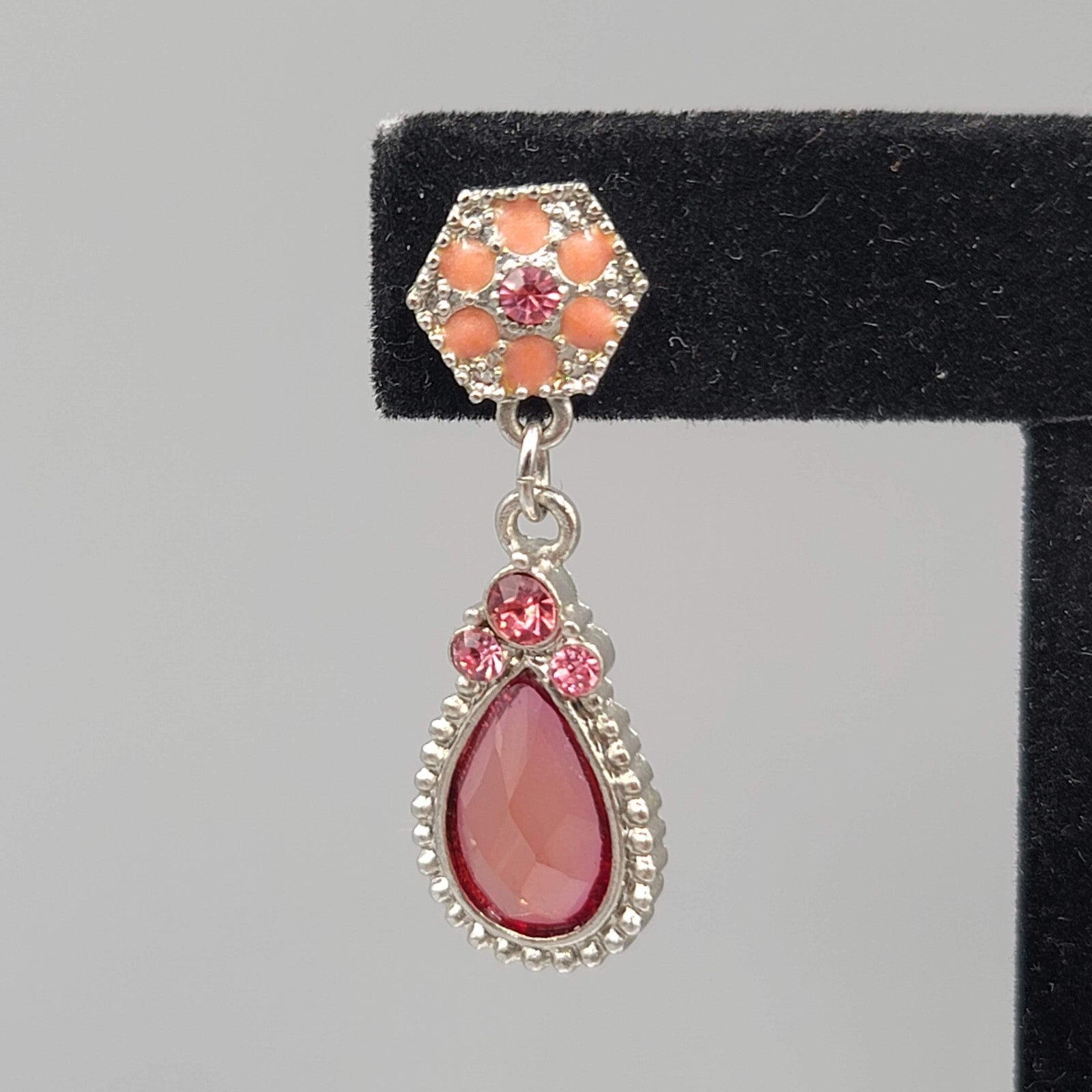 Pierced Earrings Gold tone Pink Rhinestone Teardrop Dangle 1.5"