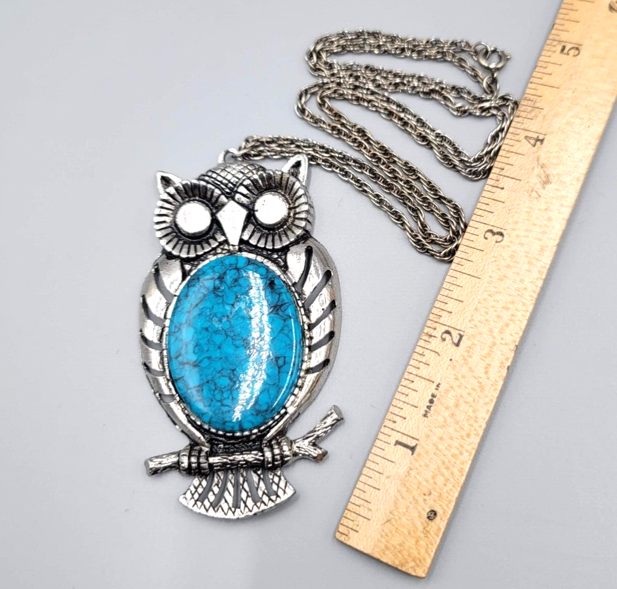 Vintage Owl Necklace Silver tone Blue Speckle Acrylic Large 3.5" Pendant 24" L