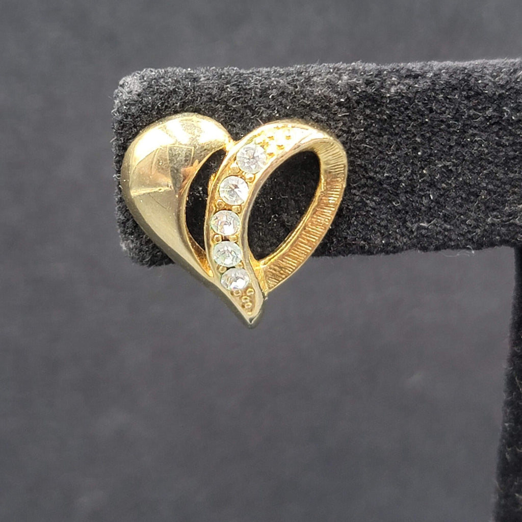 Vintage Pierced Earrings Gold Plated Crystal Heart Studs 3/4"